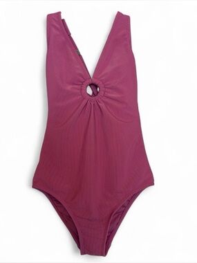 Shade & Shore Women’s Raspberry Ribbed One-Piece Swimsuit with Front Ring